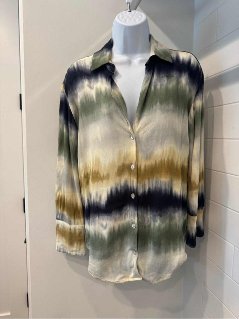 Zara Olive, Navy & Cream Watercolor Stripe Button-Front Blouse